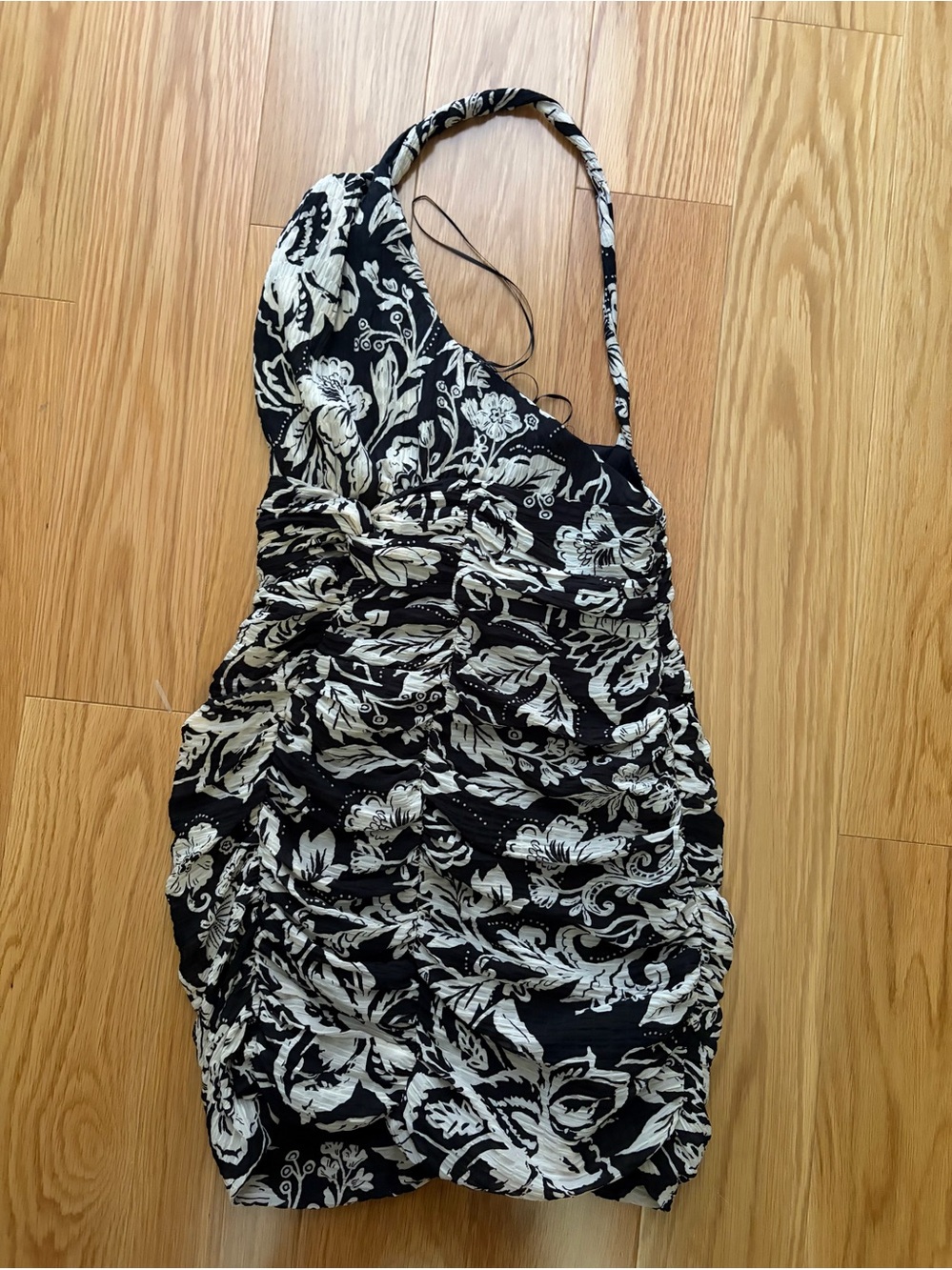 Zara Black and White Floral One-Shoulder Ruched Dress